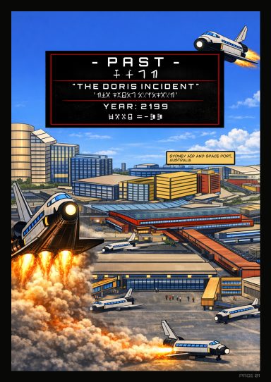 Futuristic cityscape with tall buildings and multiple spacecraft launching and landing at a large spaceport.