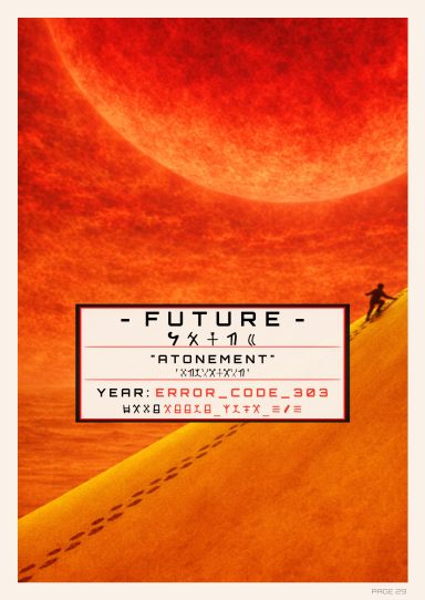 A lone figure climbs a mountain-sized sand dune beneath an overlarge red sun.