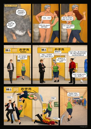 Doris reforms in the restroom, is grabbed again, fights back, and escapes once more.