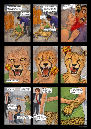 Doris attacks a bystander and transforms her head into a cheetah's as Raul closes in.